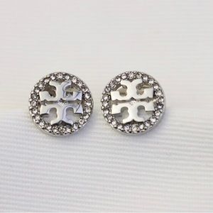 Tory Burch Logo Crystal Studs - Silver - Brand New